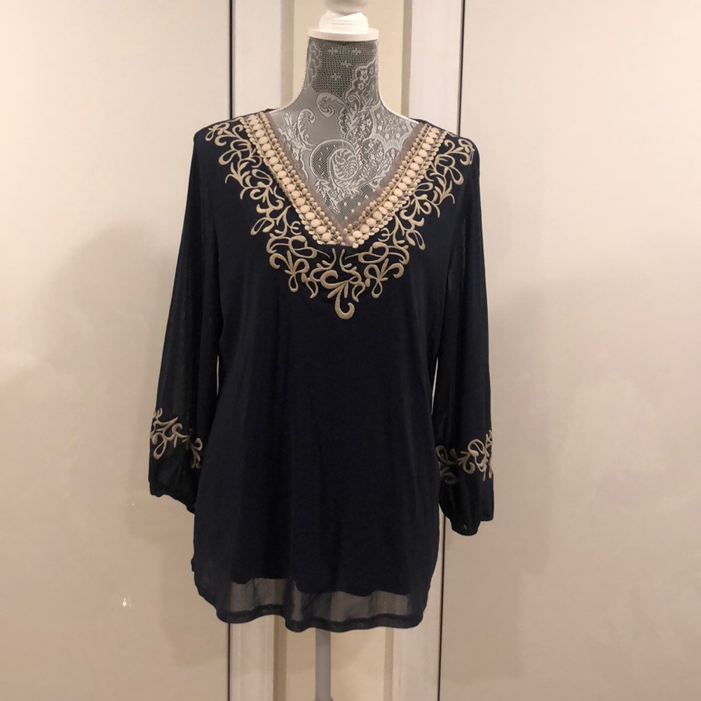 Navy peasant long sleeve blouse